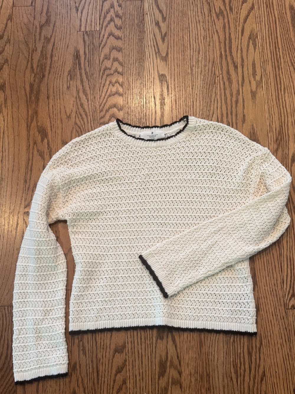 Girl’s Cream Knit Crewneck Sweater with Black Trim